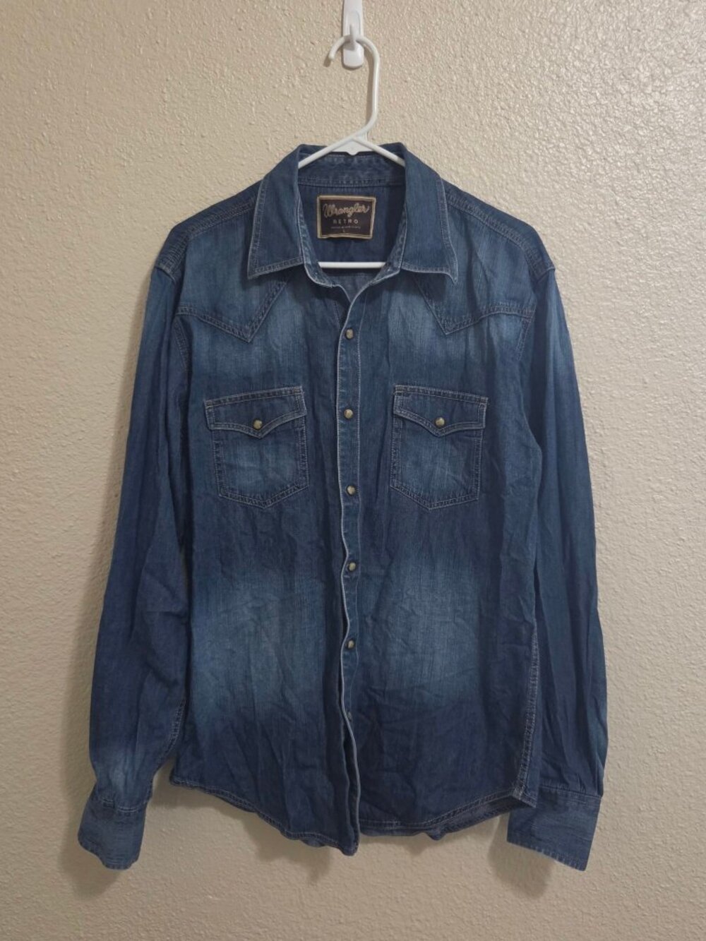 Wrangler Retro Denim Western Shirt Mens L Pearl Snap Button Dark Wash Cotton